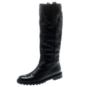 Pre Owned Gucci Black Leather Riding Web Detail Knee Boots Size 38