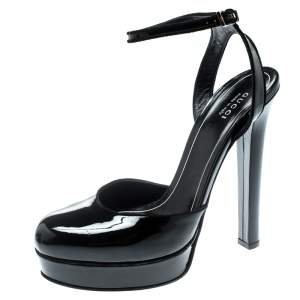 مملوكة مسبقًا Gucci Black Patent Leather/Suede Trim Platform Ankle Strap Sandals Size 39