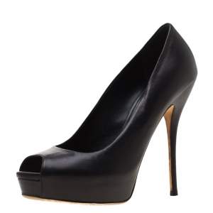 مملوكة مسبقًا Gucci Black Leather Peep Toe Platform Pumps Size 39