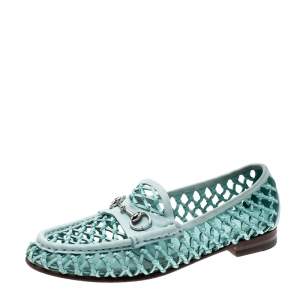 مملوكة مسبقًا Gucci Blue Woven Leather Horsebit Slip On Loafers Size 37.5