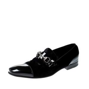 Pre Owned Gucci Black Patent Leather And Velvet Horsebit Loafers 40.5