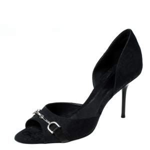 مملوكة مسبقًا Gucci Black Canvas Horsebit D'Orsay Peep Toe Pumps Size 38.5