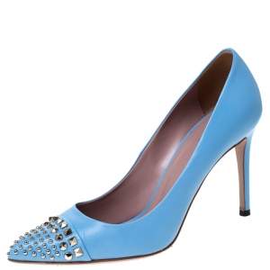 Pre Owned Gucci Light Blue Leather Coline Studded Pointed Pumps Size 37