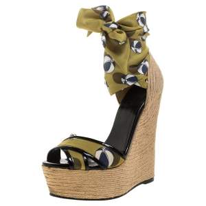 مملوكة مسبقًا Gucci Multicolor Silk And Jute Scarf Ankle Wrap Wedge Size 36.5