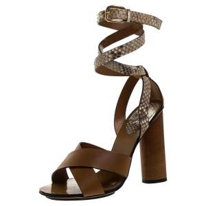 مملوكة مسبقًا Gucci Brown Leather and Python Candy Cross Ankle Wrap Sandals Size 38.5