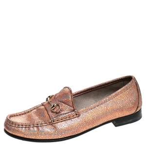 Pre Owned Gucci Metallic Bronze Textured Leather Horsebit Slip On Loafers Size 36.5