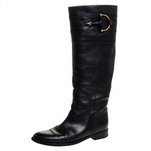 Pre Owned Gucci Black Leather Horsebit Knee Length Boots Size 37.5