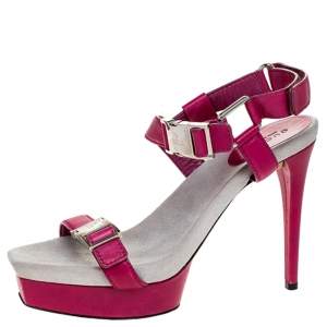 Gucci Pink Leather Side Release Buckle Detail Open Toe Platform Ankle Strap Sandals Size 39.5
