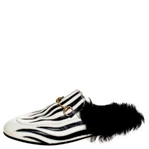 Pre Owned Gucci White/Black Leather And Fur Princetown Horsebit Loafer Slides Size 38