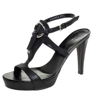 مملوكة مسبقًا صندل غوتشي جلد أسود منقوش هورسبيت بحزا للكاحل مقاس 37.5