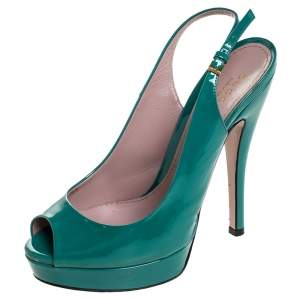 Pre Owned Gucci Teal Patent Leather Sofia Platform Peep Toe Slingback Sandals Size 36