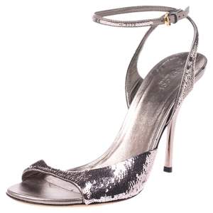 مملوكة مسبقًا Gucci Metallic Grey Sequins Embellished Ankle Strap Sandals Size 41