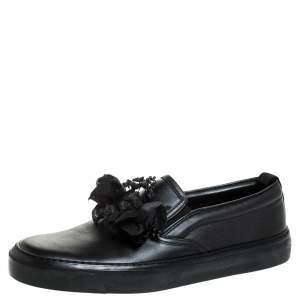 Gucci Black Leather Black Fabric Rose Embellished Slip On Sneakers Size 37.5