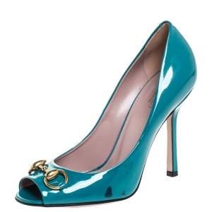 مملوكة مسبقًا Gucci Teal Patent Leather Jolene Horsebit Peep Toe Pumps Size 37.5