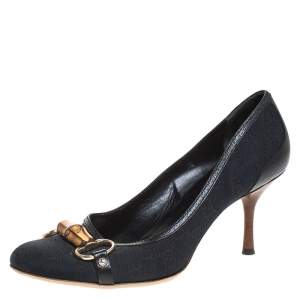 Pre Owned Gucci Black GG Canvas And Leather Trim Bamboo Horsebit Pumps Size 38.5