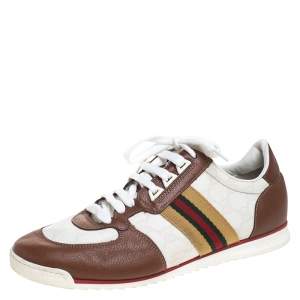 Gucci White Guccissima Canvas And Tan Leather Web Detail Sneakers Size 40.5