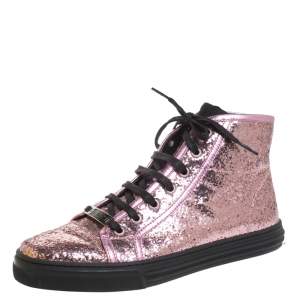  Gucci Metallic Pink Glitter Leather And Leather Trim California High Top Sneakers Size 38