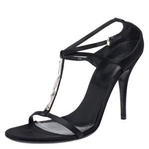 Gucci Black Satin Crystal Embellished T-strap Sandals Size 41