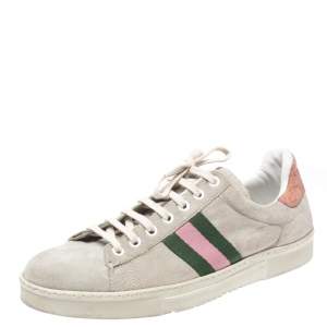 Gucci Grey Suede And Pink Croc Trim Web Detail Sneakers Size 37.5