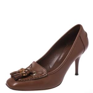 Pre Owned Gucci Brown Leather Bamboo Tassel Loafer Pumps Size 36.5