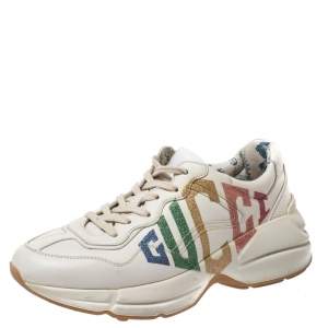 Gucci White Leather Glitter Rhyton Lace Up Sneakers Size 37.5