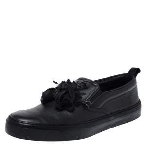 Gucci Black Leather Floral Applique Slip On Sneakers Size 37