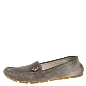 Pre Owned Gucci Grey Suede Leather Slip On Loafers Size 38