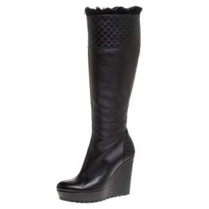Pre Owned Gucci Black Microguccissima Leather and Fur Courtney Wedge Knee High Boots Size 38