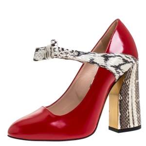 Pre Owned Gucci Red Leather And Snakeskin Nimue Mary Jane Pumps Size 36.5