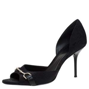 Pre Owned Gucci Black Canvas Horsebit D'Orsay Peep Toe Pumps Size 38