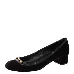 مملوكة مسبقًا حذاء كعب عالي غوتشي كعب عريض هورسبيت حافة جلد وسويدي أسود مقاس 36 