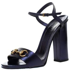 مملوكة مسبقًا Gucci Metallic Purple Leather Claudie Horsebit Peep Toe Ankle Strap Sandals Size 40