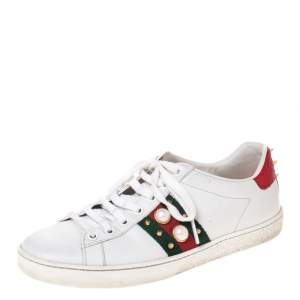 Gucci White Leather Ace Web Embellished Low Top Sneakers Size 37