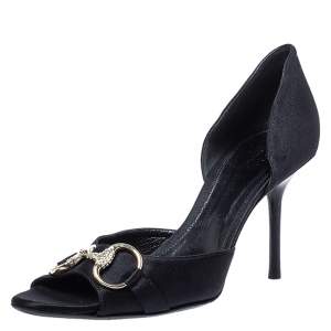 مملوكة مسبقًا Gucci Black Satin Horsebit D'Orsay Peep Toe Sandals Size 38.5
