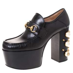 Pre Owned Gucci Black Leather Horsebit Pearl Embellished Platform Loafers Size 38