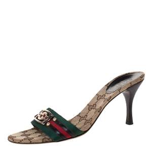 Pre Owned Gucci Multicolor Vintage Web GG Logo Detail Slide Sandals Size 36