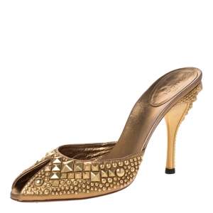 مملوكة مسبقًا Gucci Metallic Gold Studded Leather Peep Toe Slide Mules Size 38.5