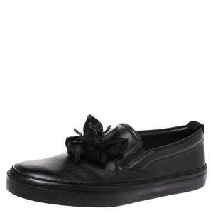 Gucci Black Leather Black Fabric Rose Embellished Slip On Sneakers Size 38.5
