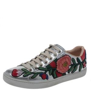 Gucci Silver Metallic Leather Ace Embroidered Low Top Sneakers Size 37