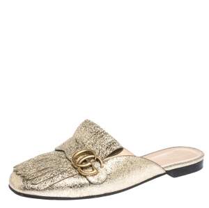 مملوكة مسبقًا حذاء مولز غوتشي فلات تفاصيل شراشيب مارمونت جي جي جلد منقوش ذهبي مقاس 40