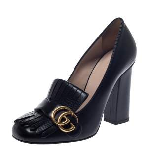 مملوكة مسبقًا Gucci Black Leather GG Marmont Fringe Detail Block Heel Pumps Size 38