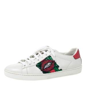 Gucci White Leather Sequins And Crystal Lips Ace Low Top Sneakers Size 39