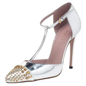 مملوكة مسبقًا Gucci Silver Leather Studded Coline T Strap Pumps Size 36.5