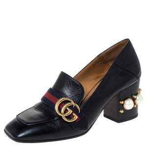 Pre Owned Gucci Black Leather Peyton GG Web Detail Pearl Studded Pumps Size 37.5