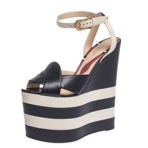 مملوكة مسبقًا Gucci Blue/White Leather Striped Sally Platform Wedge Sandals Size 36.5