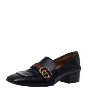 Pre Owned Gucci Black Leather GG Marmont Web Slip On Loafers Size 38.5
