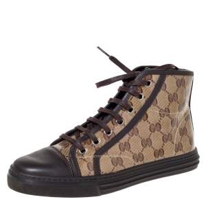  Gucci Brown/Beige GG Coated Canvas And Leather Trim California High Top Sneakers Size 36