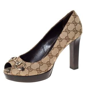 مملوكة مسبقًا Gucci Beige GG Canvas Horsebit Peep Toe Wooden Platform Pumps Size 39.5