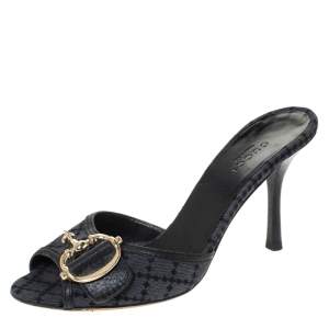 Pre Owned صندل غوتشي بمقدمة مفتوحة و مزين بهورسبيت كانفاس أسود مقاس 35