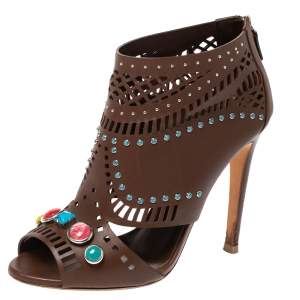 Pre Owned Gucci Brown Leather Lika Stone Embellished Ankle Booties Size 39
